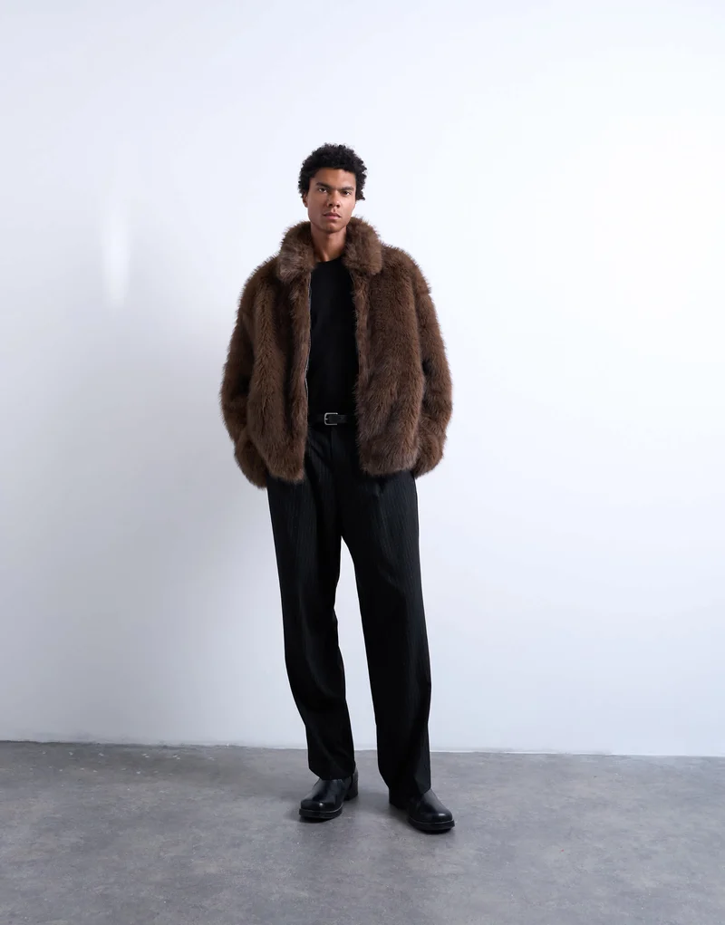 Topman faux fur zip through coat in brown