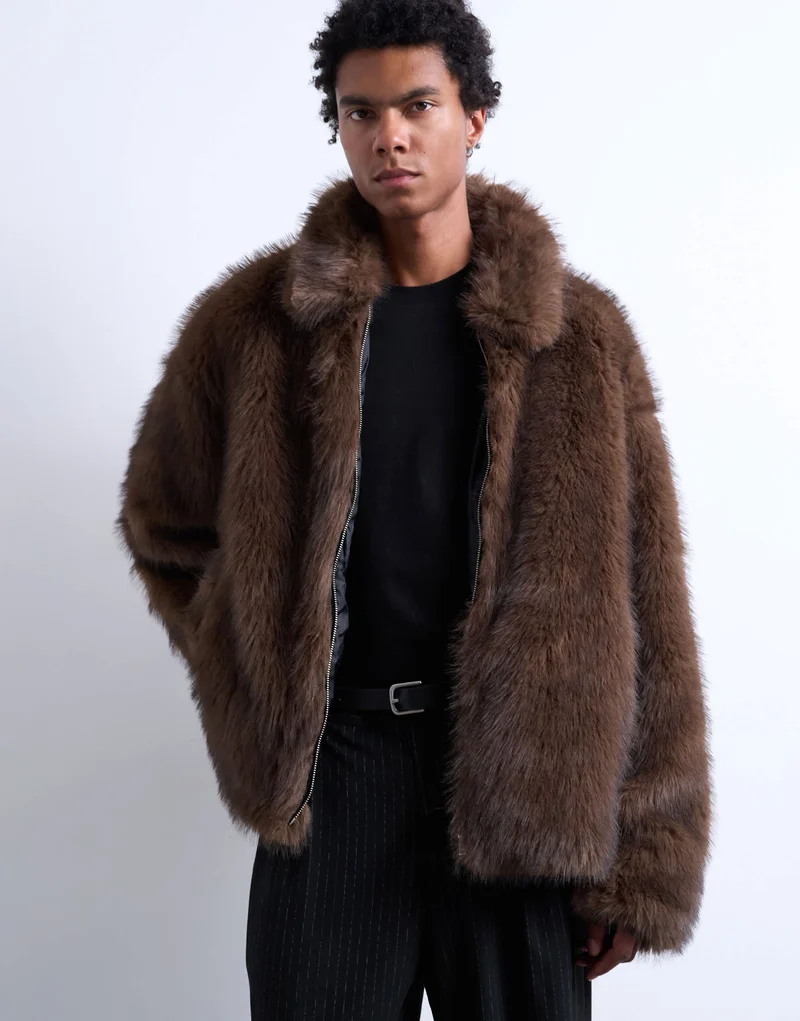 Topman faux fur zip through coat in brown