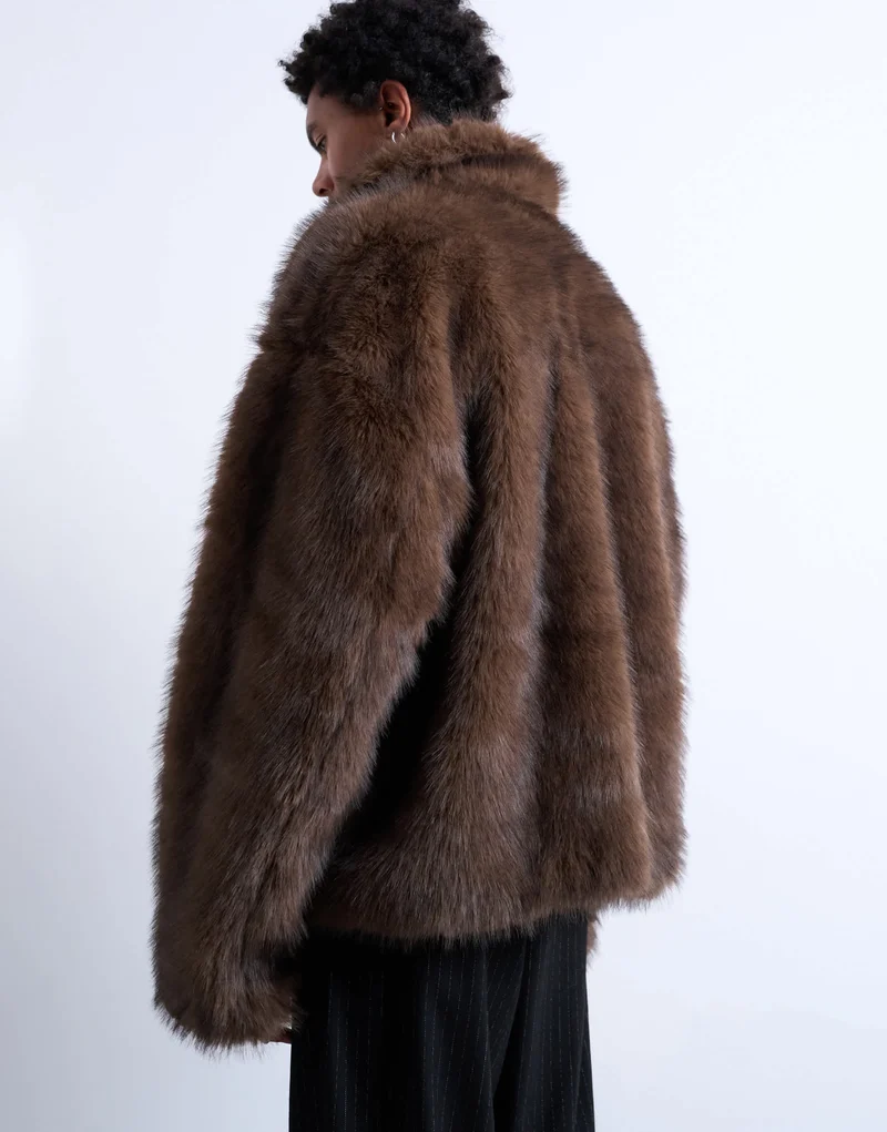 Topman faux fur zip through coat in brown