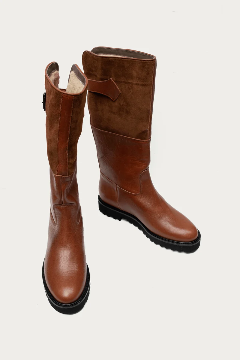 Heidi Cognac Velour-& Glattleder mit Lammfell gefüttert