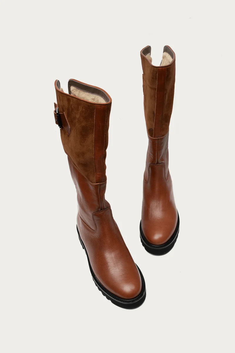 Heidi Cognac Velour-& Glattleder mit Lammfell gefüttert
