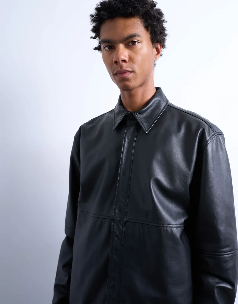Topman regular fit real leather shirt in black