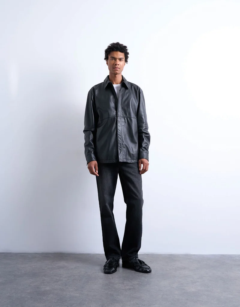 Topman regular fit real leather shirt in black