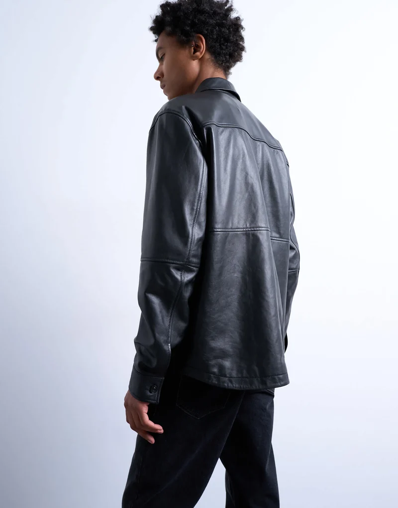 Topman regular fit real leather shirt in black