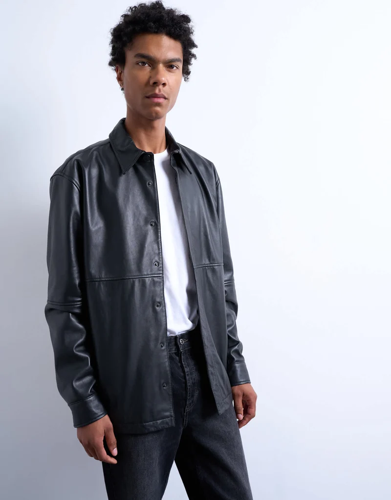 Topman regular fit real leather shirt in black