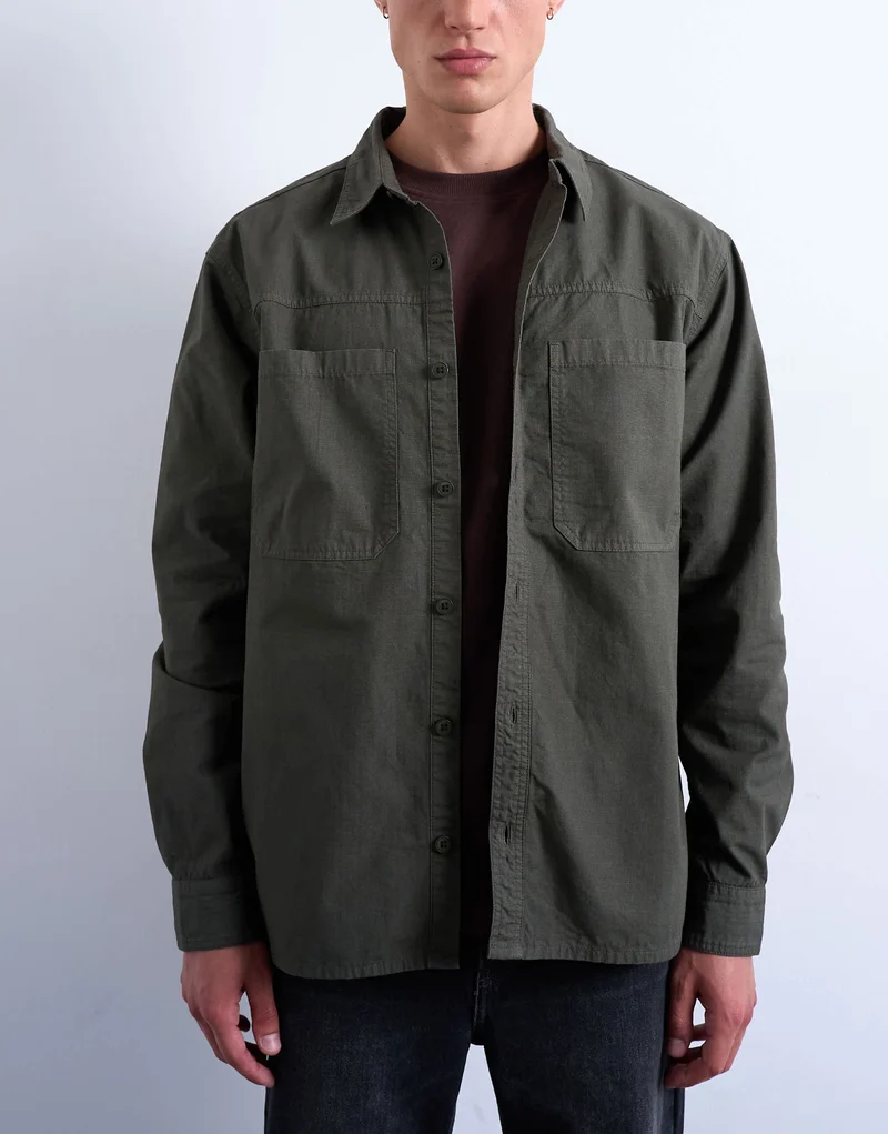 Topman regular fit ripstop overshirt in washed khaki