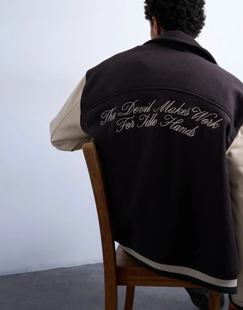 Topman embroidered varsity jacket in brown