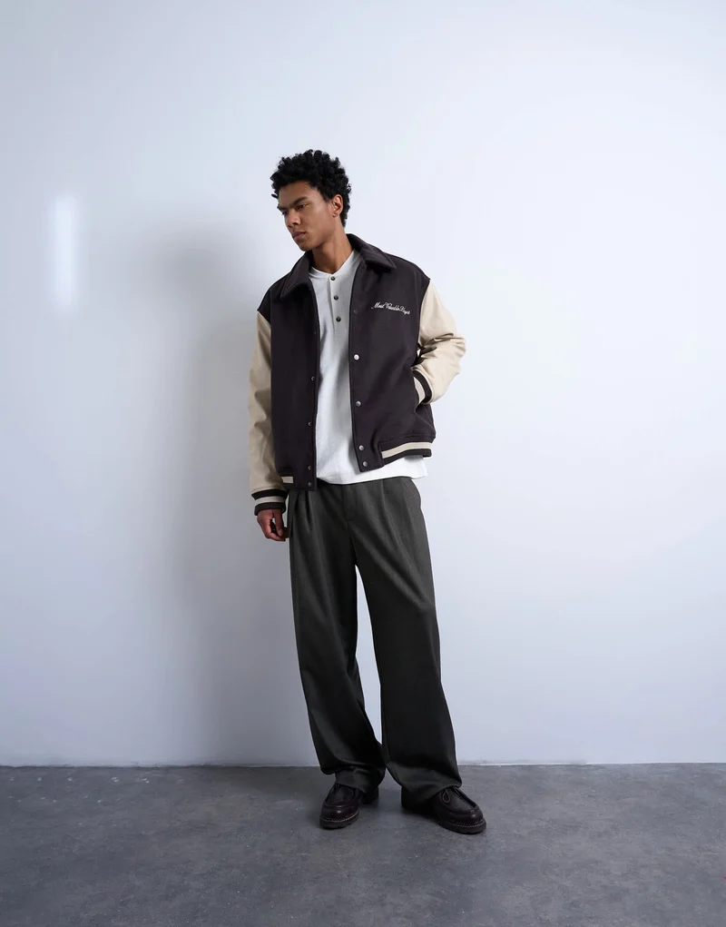 Topman embroidered varsity jacket in brown