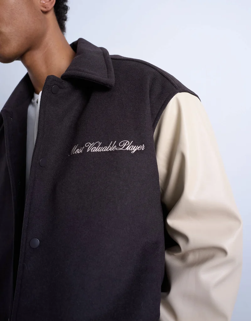 Topman embroidered varsity jacket in brown