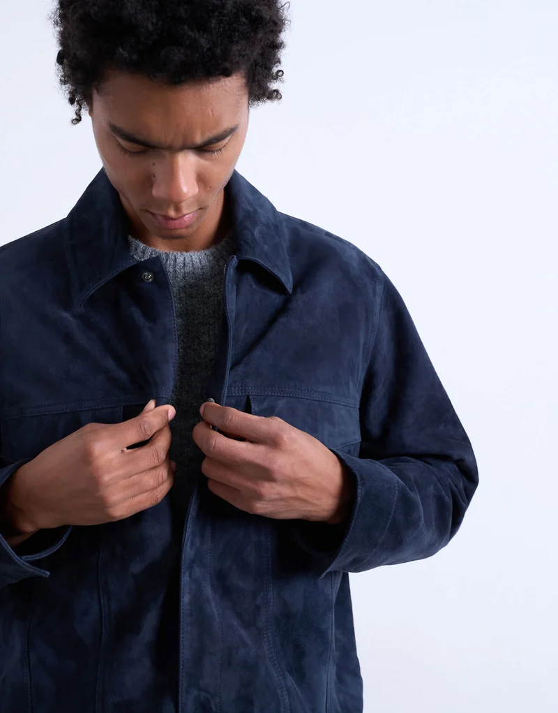 Topman real suede racer jacket in navy