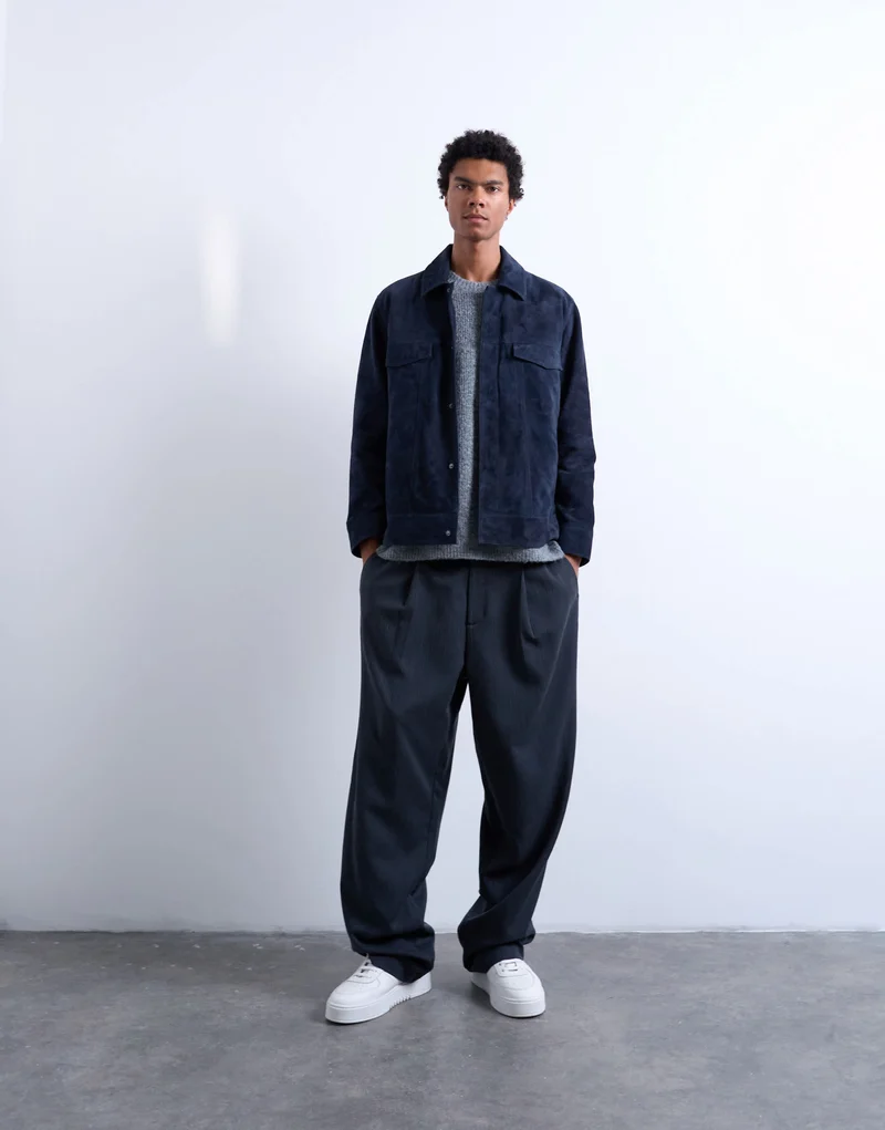 Topman real suede racer jacket in navy