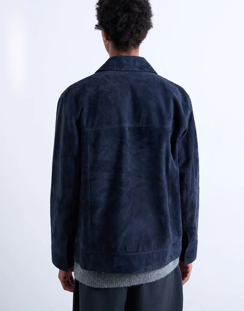 Topman real suede racer jacket in navy