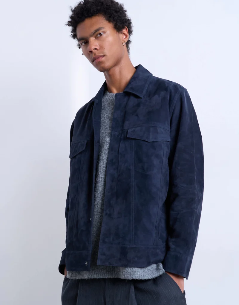 Topman real suede racer jacket in navy