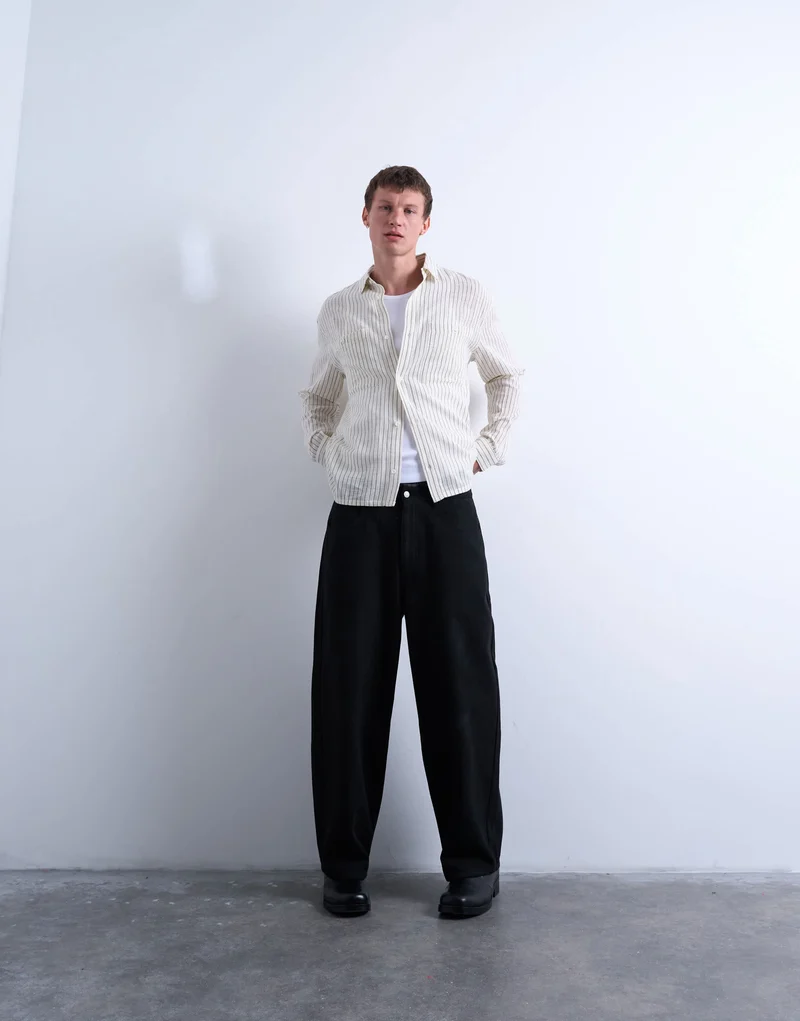 Topman long sleeve relaxed cheesecloth stripe in cream
