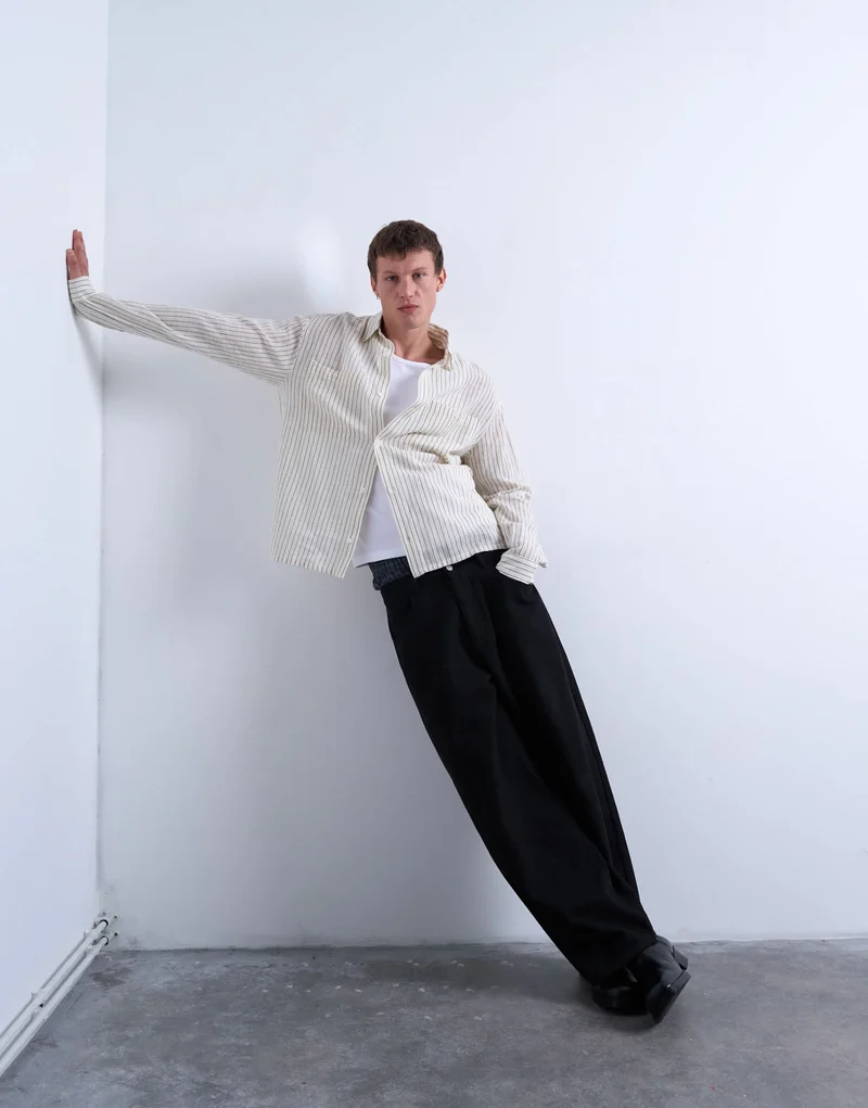 Topman long sleeve relaxed cheesecloth stripe in cream