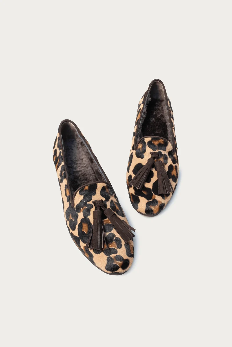 Amelie Leoparden Optik mit Lammfell Tassel Dunkelbraun