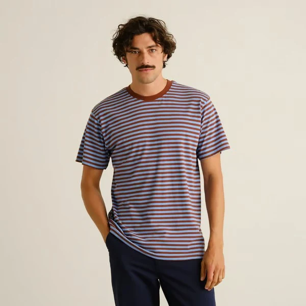 DEDICATED T-Shirt Stockholm Stripes Cappuccino Brown/cornflower Blue