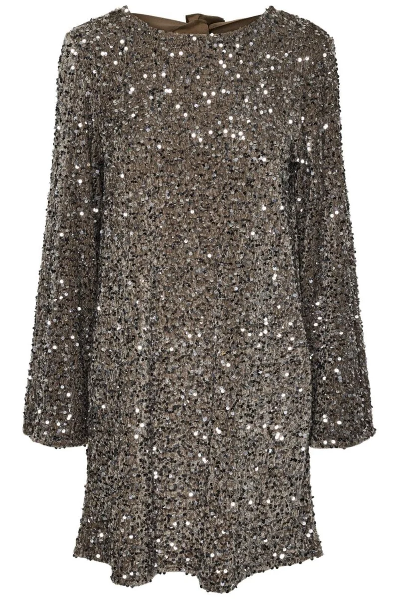 Pieces - Pckam Ls Deep Back Bow Dress - 4641534 Morel Silver Sequins