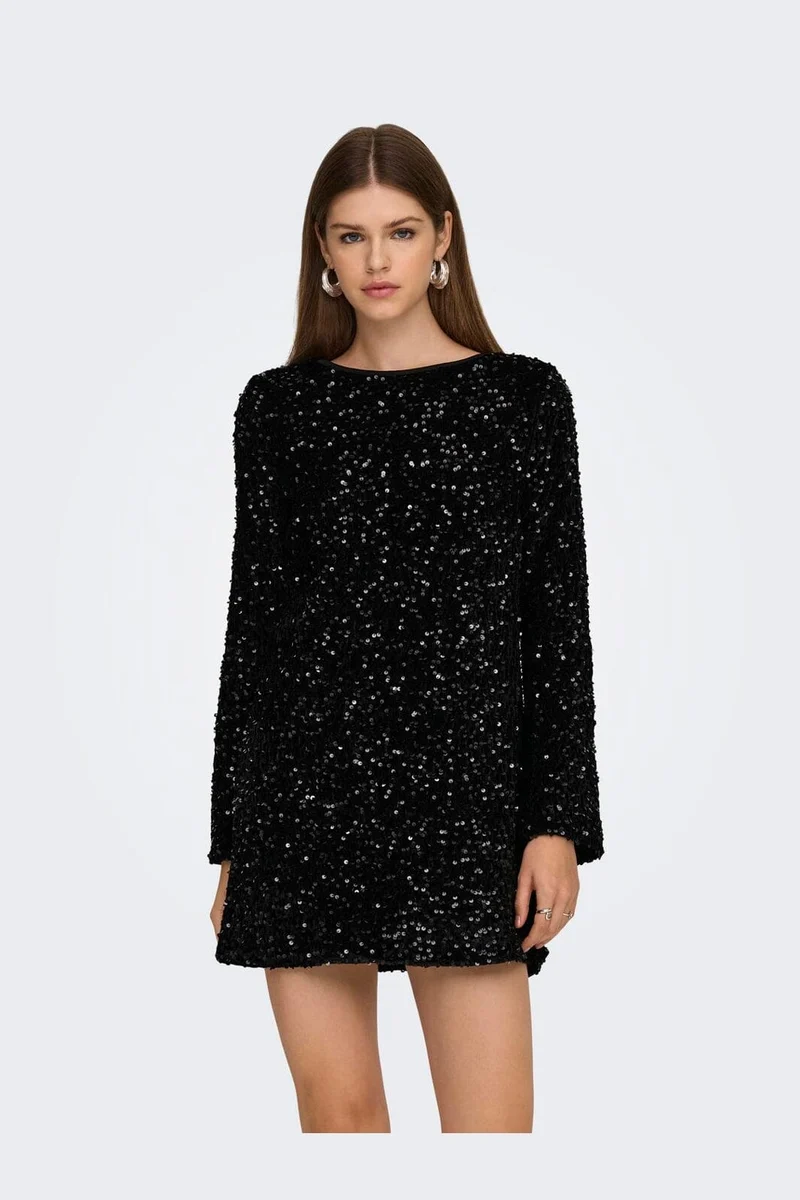 Only - Onlanika Sequins Ls Bow Dress - 4930221 Black Black Sequins