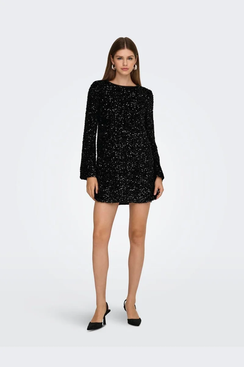 Only - Onlanika Sequins Ls Bow Dress - 4930221 Black Black Sequins