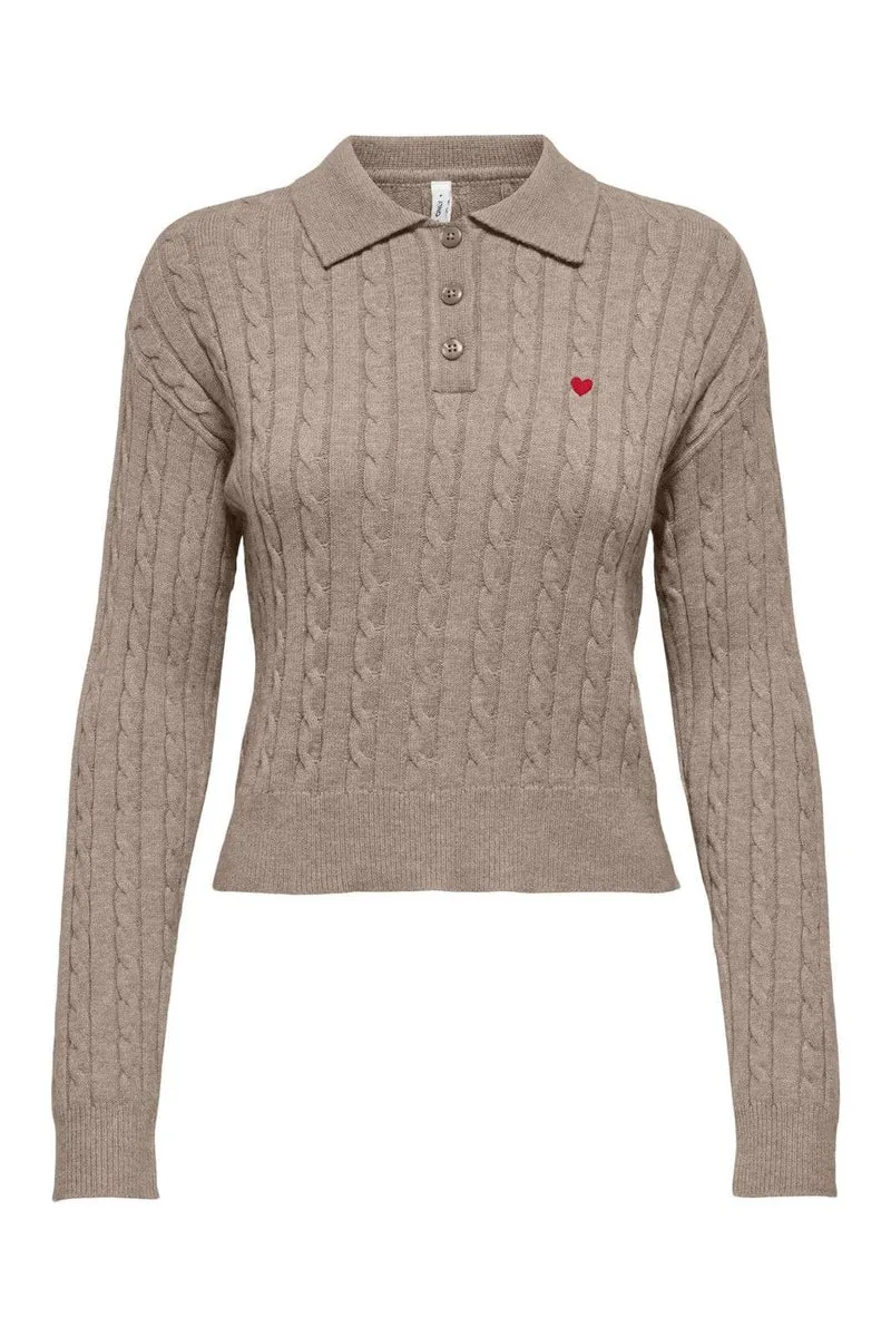 Only - Onlkatia Ls Cable Polo Cc Knt - 4959338 Mocha Meringue Mel/True Red Heart Emb/Dtm Button
