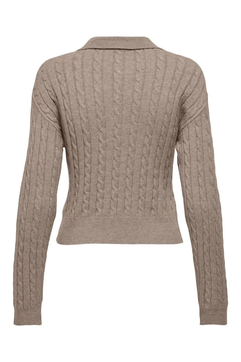 Only - Onlkatia Ls Cable Polo Cc Knt - 4959338 Mocha Meringue Mel/True Red Heart Emb/Dtm Button