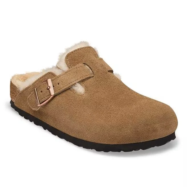 BIRKENSTOCK Boston Shearling Suede Leather/fur (schmale Weite) dark tea