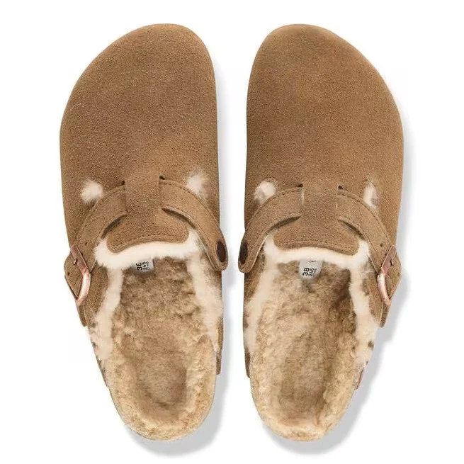 BIRKENSTOCK Boston Shearling Suede Leather/fur (schmale Weite) dark tea