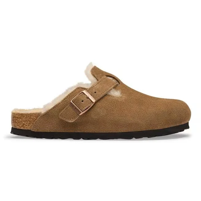 BIRKENSTOCK Boston Shearling Suede Leather/fur (schmale Weite) dark tea