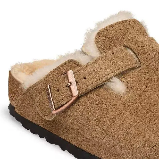 BIRKENSTOCK Boston Shearling Suede Leather/fur (schmale Weite) dark tea