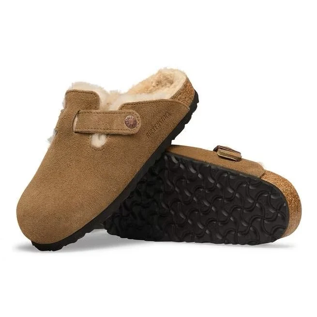 BIRKENSTOCK Boston Shearling Suede Leather/fur (schmale Weite) dark tea
