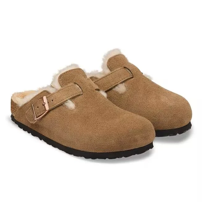 BIRKENSTOCK Boston Shearling Suede Leather/fur (schmale Weite) dark tea