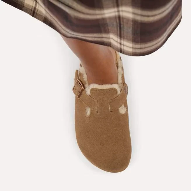 BIRKENSTOCK Boston Shearling Suede Leather/fur (schmale Weite) dark tea