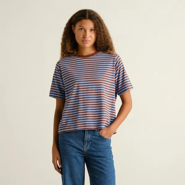 DEDICATED T-Shirt Vadstena Stripes Cappuccino Brown/cornflower Blue