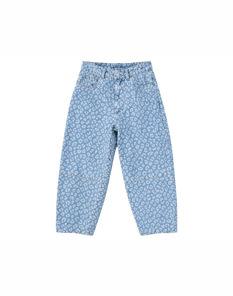 MAZINE Printed Barrel Leg Denim Pants light blue wash/printed