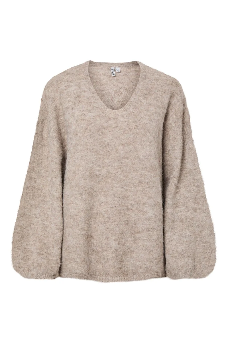 Pieces - Pcallie Ls V-Neck Knit Mwa - 5090885 Greige Melange
