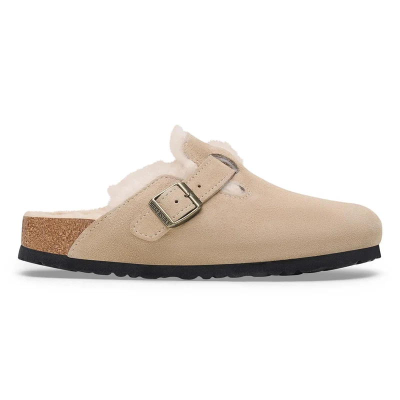 BIRKENSTOCK Boston Shearling Suede Leather/fur (schmale Weite) taupe