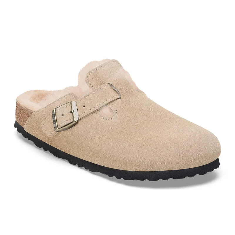 BIRKENSTOCK Boston Shearling Suede Leather/fur (schmale Weite) taupe