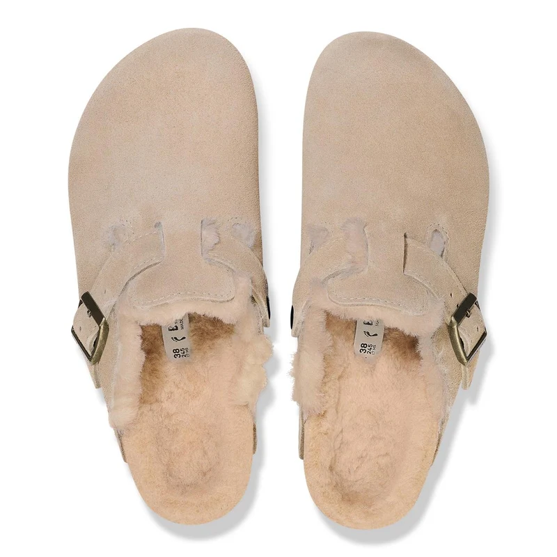 BIRKENSTOCK Boston Shearling Suede Leather/fur (schmale Weite) taupe
