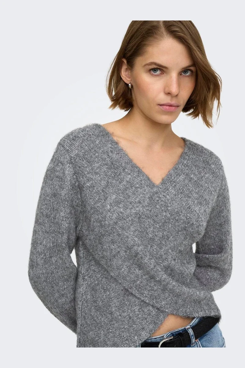 Only - Onlmaggie Ls Cross V-Neck Cc Knt - 5101026 Medium Grey Melange