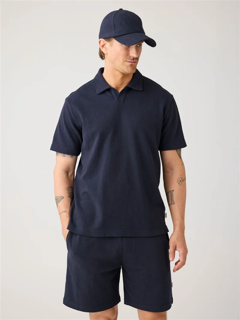 KNOWLEDGE COTTON APPAREL Loose Bouclé Polo night sky
