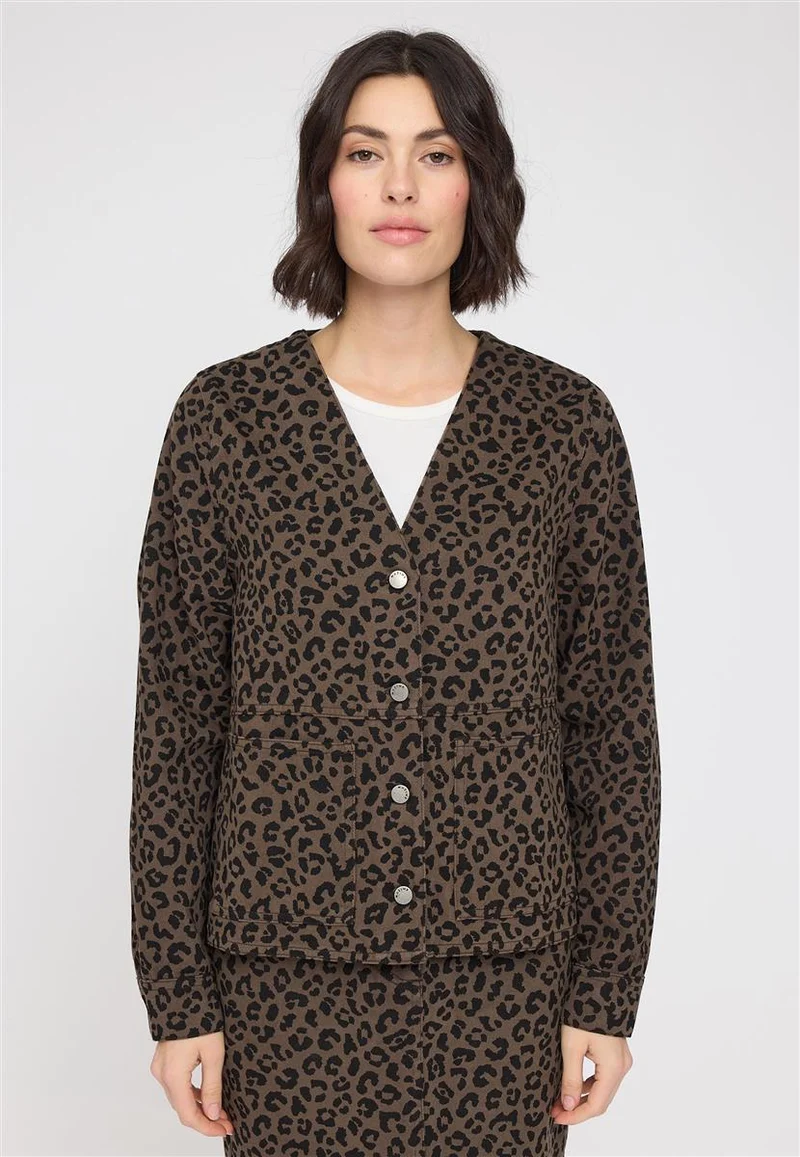 MAZINE Printed V-Neck Denim Jacket chocolate brown/printed