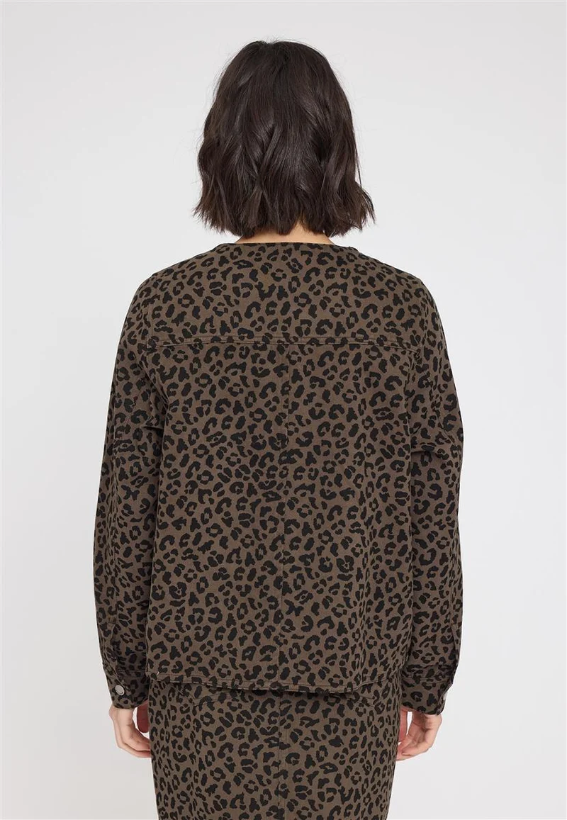 MAZINE Printed V-Neck Denim Jacket chocolate brown/printed