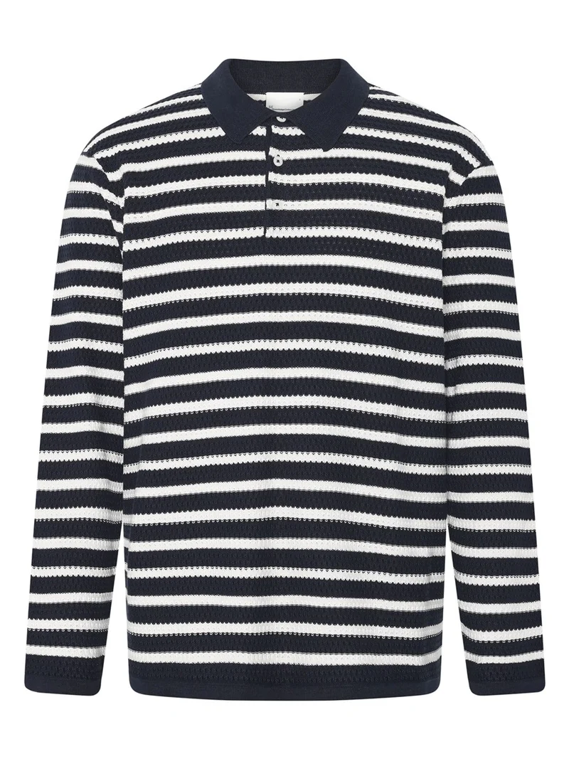 KNOWLEDGE COTTON APPAREL Knitted Stripe Polo navy