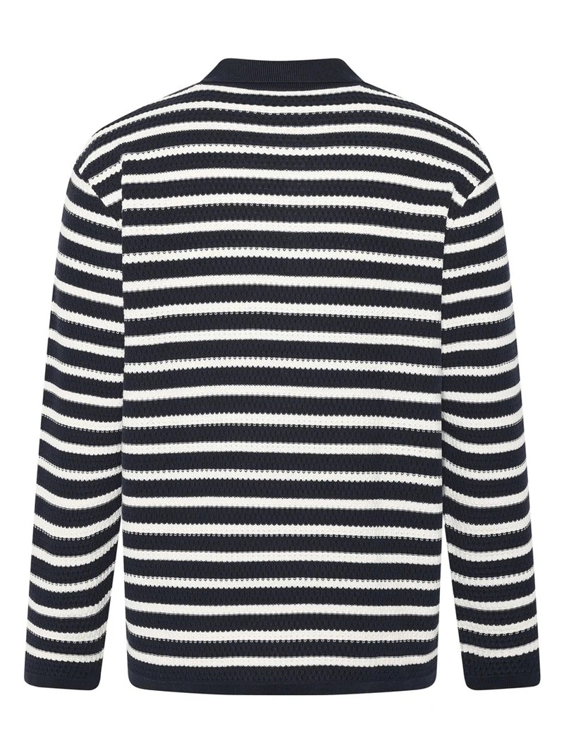 KNOWLEDGE COTTON APPAREL Knitted Stripe Polo navy