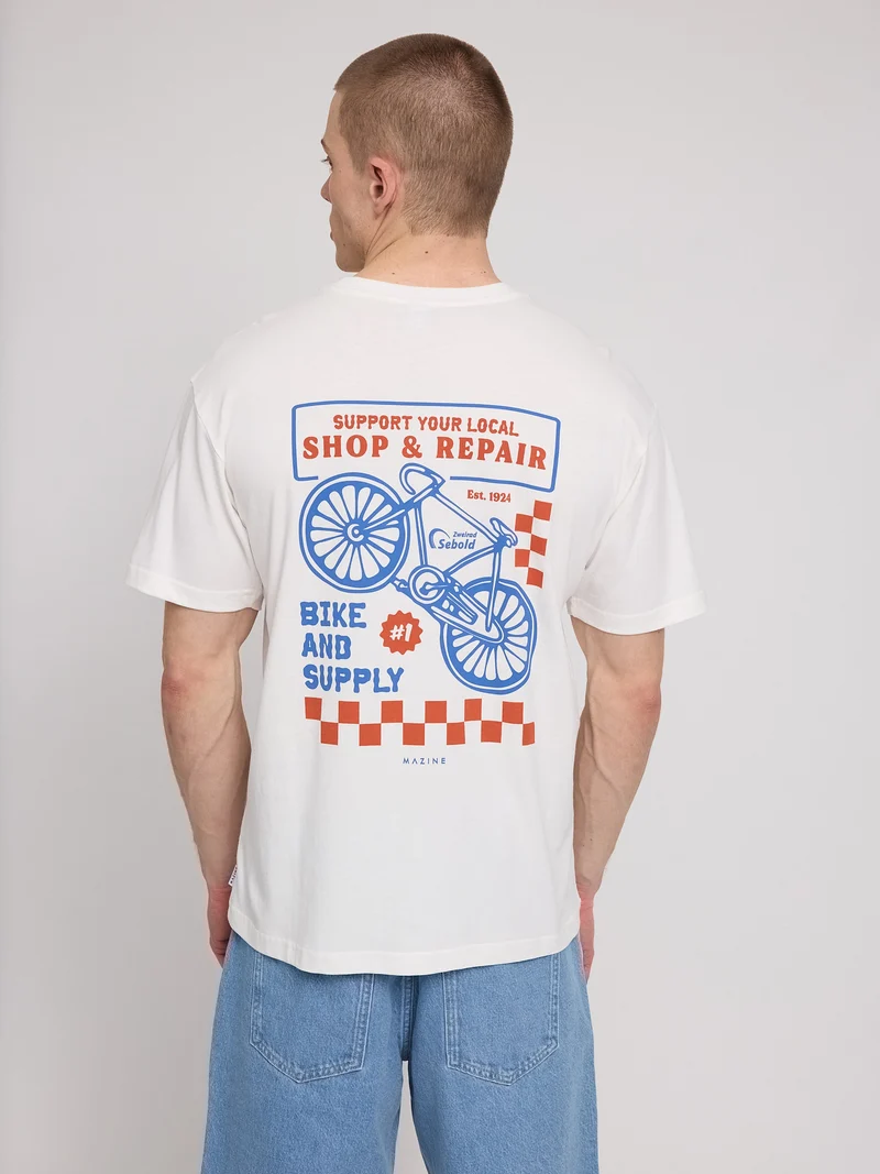 MAZINE Back Print Theme T-Shirt offwhite/bike shop
