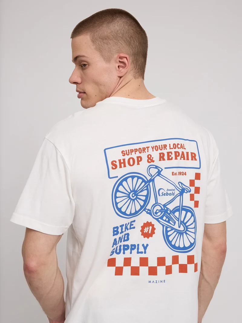 MAZINE Back Print Theme T-Shirt offwhite/bike shop