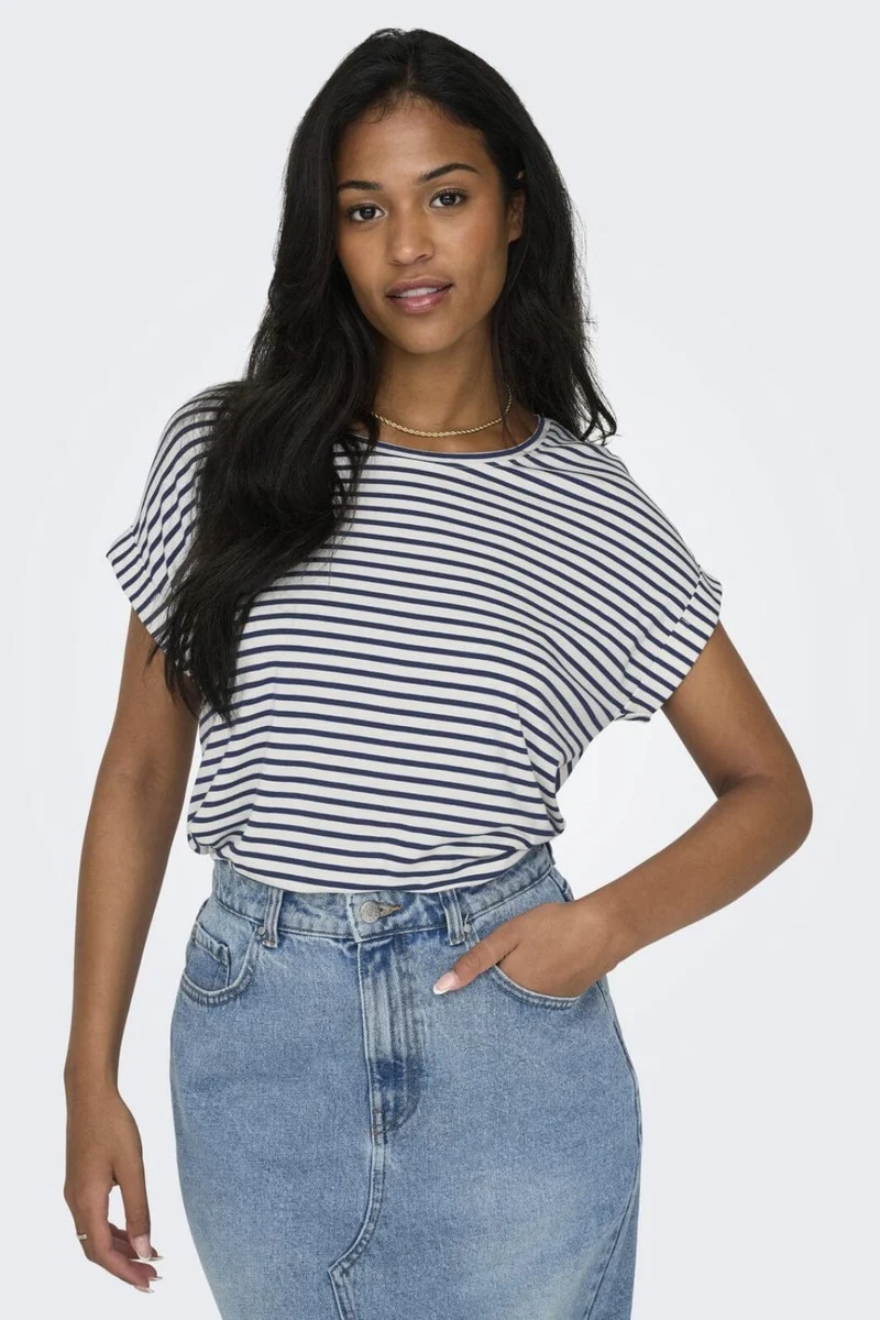 Only - Onlmoster Stripe S/S O-Neck Top - 4448024 Cloud Dancer Naval Academy