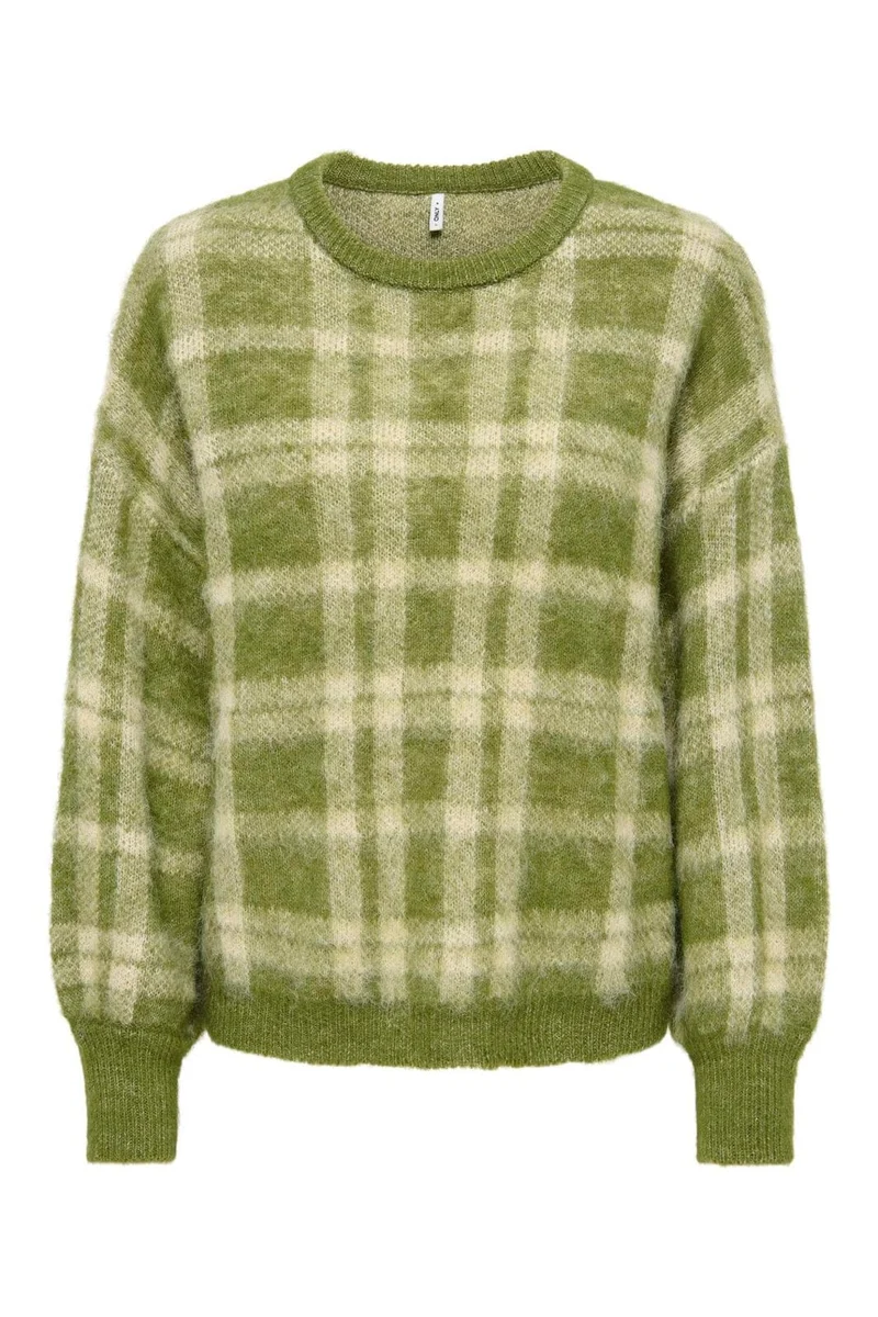 Only - Onlnoeme Life Ls Jq O-Neck Knt - 5112127 Sphagnum Mel/Off White/Checks