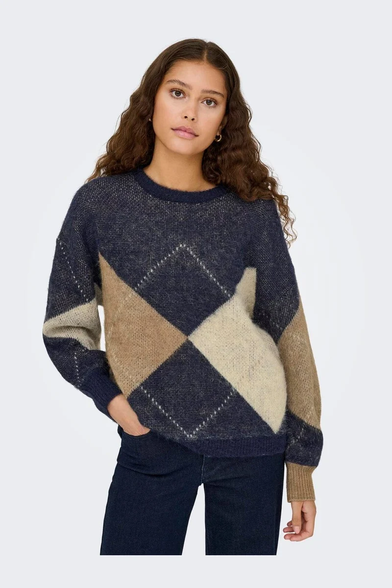 Only - Onlnoeme Life Ls Jq O-Neck Knt - 4895270 Night Sky Cocoa Creme/Biscotti/Melange/Argyle